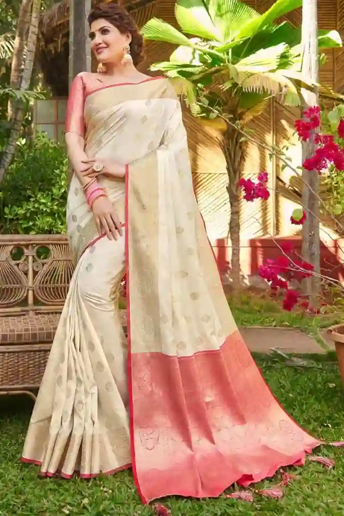7. The Dreamy Cream Banarasi Silk Saree: 